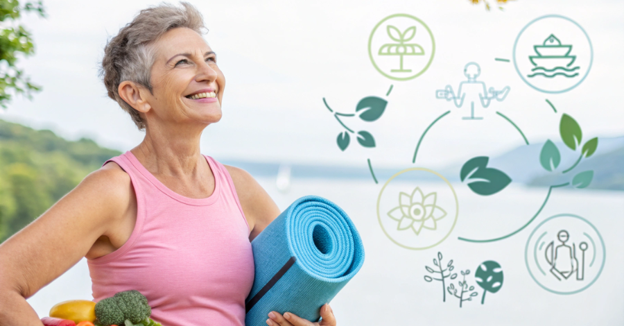 Mulher madura sorridente ao ar livre segurando um tapete de yoga e vegetais frescos, simbolizando o lado positivo da menopausa com foco em saúde, equilíbrio e bem-estar.