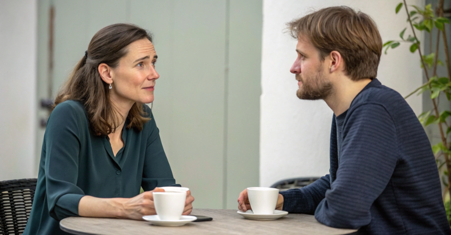 Um casal sentado, conversando de forma aberta e calma sobre suas necessidades na menopausa