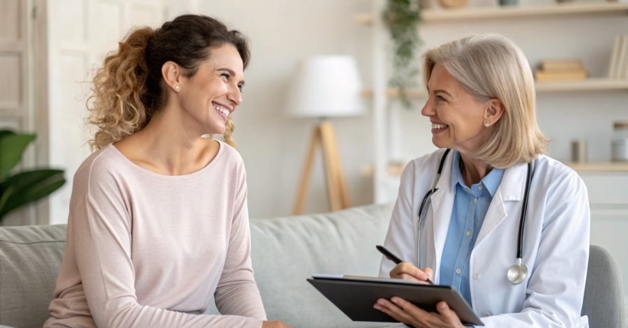 Mulher conversando com sua médica, representando a importância de buscar ajuda profissional na menopausa