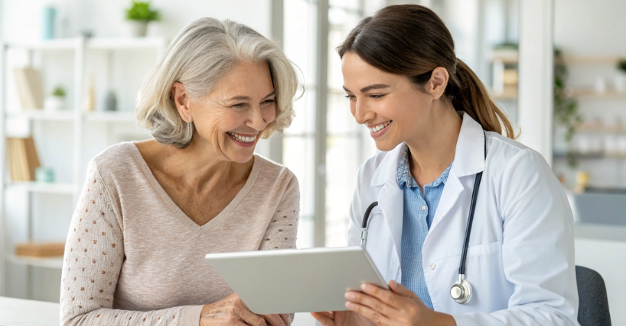 Mulher e médica conversando e olhando para um tablet, representando uma consulta de acompanhamento para SHBG.