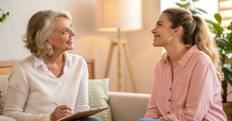Duas mulheres conversando de forma empática, representando o apoio e a terapia para a saúde mental