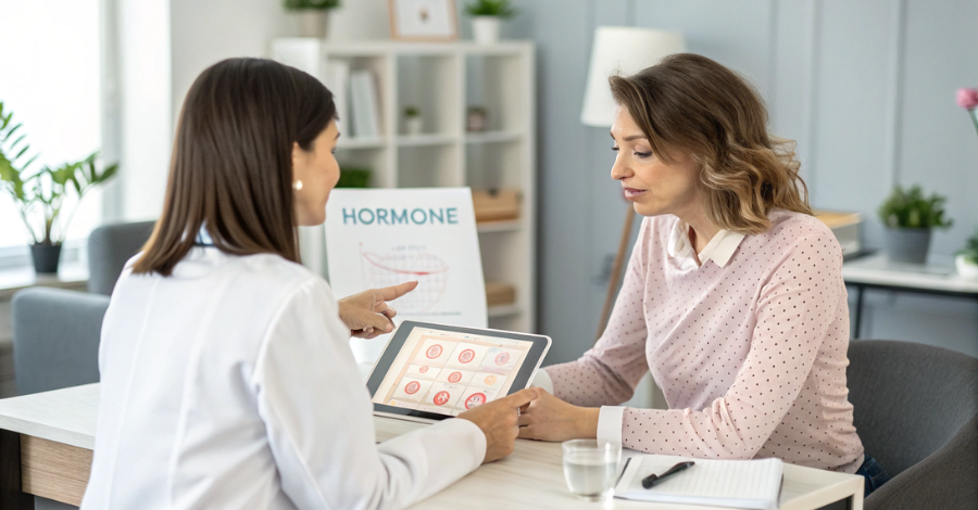 Mulher em uma consulta médica, discutindo o diagnóstico e as opções de tratamento para a menopausa precoce