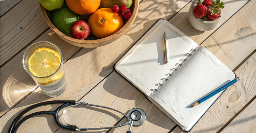 composição de alimentos saudáveis e estetoscópio, representando autocuidado e check-up médico