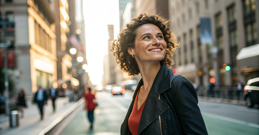 Mulher de 40 anos, sorrindo e caminhando com confiança, simbolizando a coragem e a resiliência após a menopausa precoce