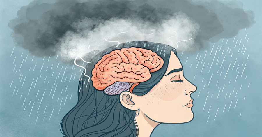Ilustração do cérebro com névoa, representando a dificuldade de concentração na menopausa