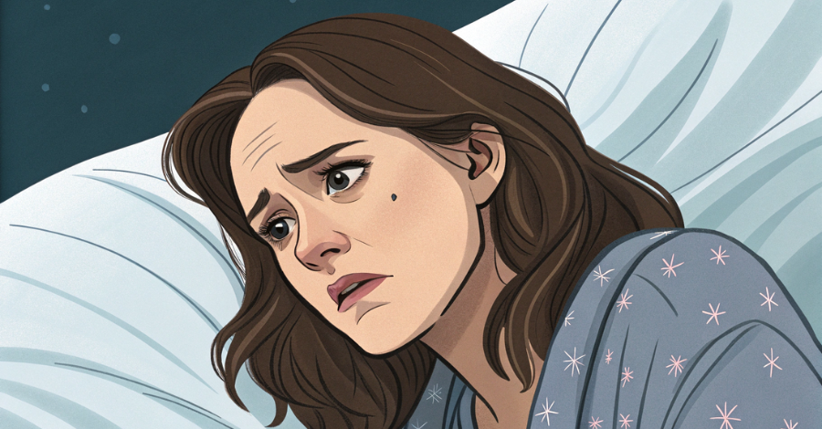 Ilustração de uma mulher deitada na cama durante a noite, com expressão preocupada e olhar distante, representando insônia causada por sintomas da menopausa.