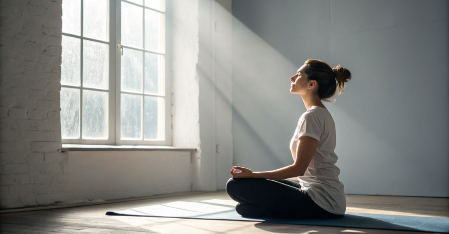 Mulher madura meditando em uma sala, simbolizando a paz interior e o alívio do estresse na menopausa