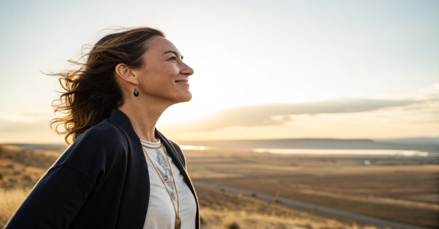 Mulher madura e confiante, olhando para o horizonte, simbolizando a paz e o controle emocional na menopausa