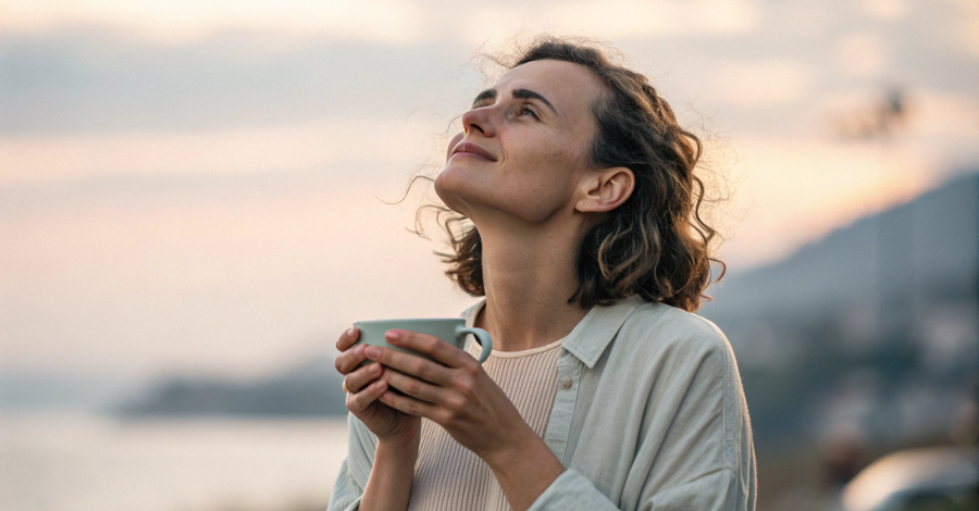 Mulher com expressão serena, refletindo sobre sua saúde mental durante a menopausa