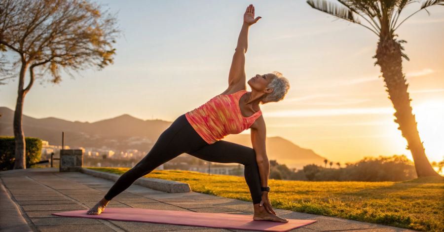 mulher madura e forte praticando ioga ao pôr do sol, representando saúde óssea e vitalidade