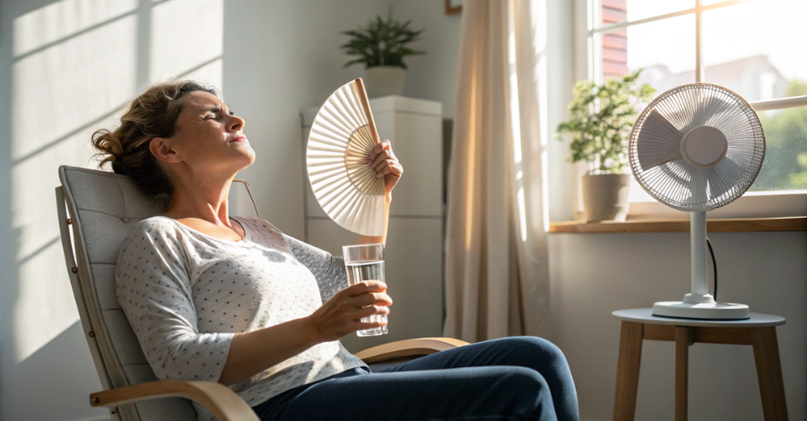 Mulher sentada com um leque, representando o desconforto das ondas de calor no climatério