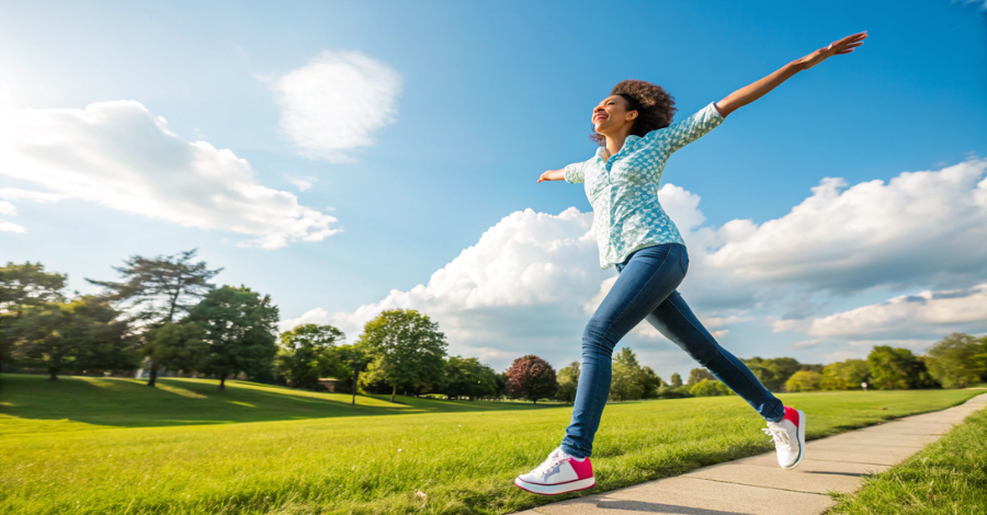 mulher feliz e ativa ao ar livre, representando vitalidade e bem-estar na menopausa