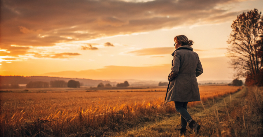Uma mulher em um campo, olhando para o sol nascente, simbolizando um novo começo após a menopausa precoce
