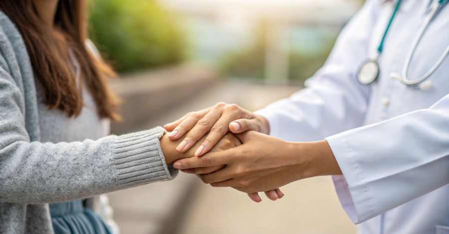 mãos de uma mulher e de sua médica se unindo, representando parceria e confiança na decisão de tratamento
