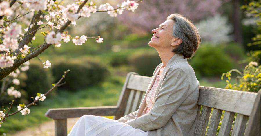 Retrato de uma mulher de 50 anos sorrindo, em um jardim, simbolizando a paz e a aceitação na nova fase da vida após a menopausa.
