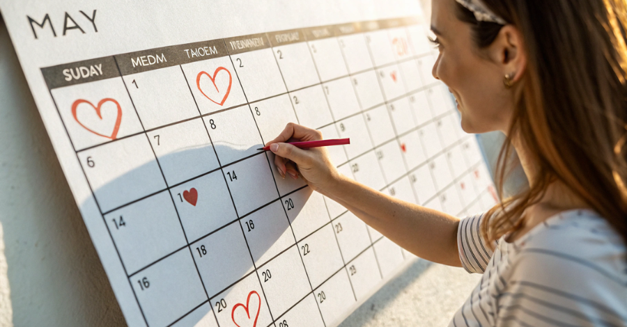 Calendário com datas irregulares, representando o ciclo menstrual imprevisível na perimenopausa.
