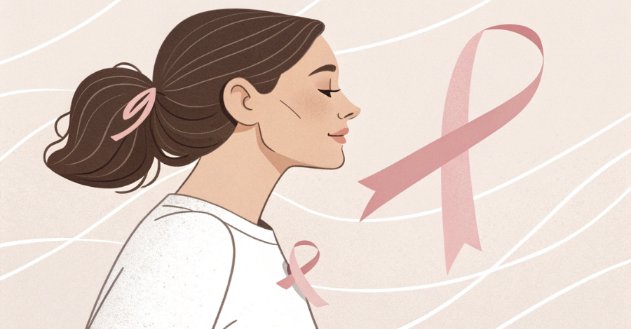 ilustração minimalista de mulher com laço rosa no peito, simbolizando prevenção de câncer de mama