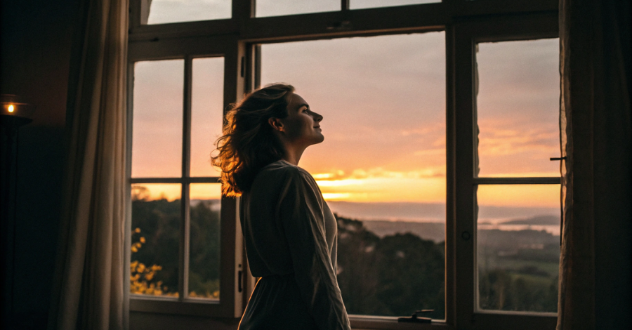 Uma mulher contemplando um pôr do sol, simbolizando a redescoberta do prazer e da sensualidade na menopausa