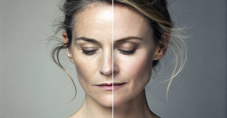 Retrato de uma mulher com iluminação dividida, representando a transição do climatério