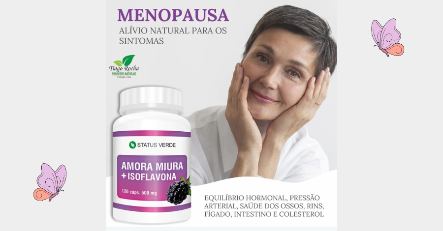 ulher com semblante calmo e tranquilo, sentada ao lado de uma embalagem de Amora Miúra com Isoflavona, representando o alívio dos sintomas da menopausa e noites de sono melhores.