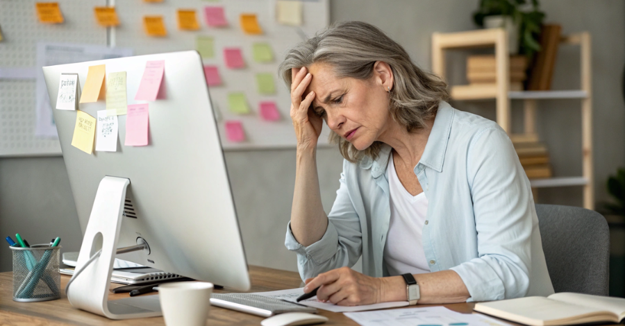 Mulher em uma mesa de escritório com a mão na testa, representando a dificuldade de concentração (névoa cerebral) na menopausa.