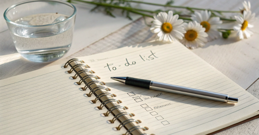 Foto de um checklist de autocuidado em um caderno, com a caneta ao lado, simbolizando um guia para gerenciar os sintomas da menopausa.