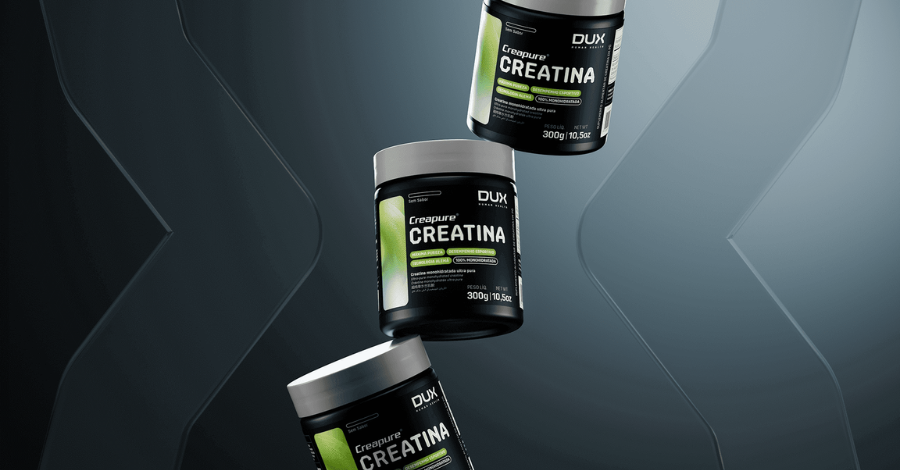 Potes de creatina Dux Nutrition, um suplemento ideal para mulheres na menopausa, com o foco na embalagem de 300g.