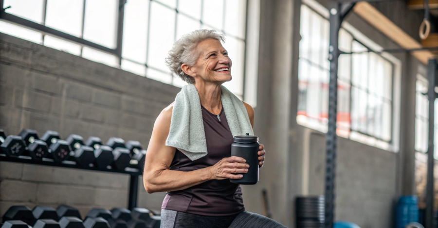 Mulher madura e feliz segurando um pote de creatina em uma academia, representando o uso do suplemento para ganhar força na menopausa.