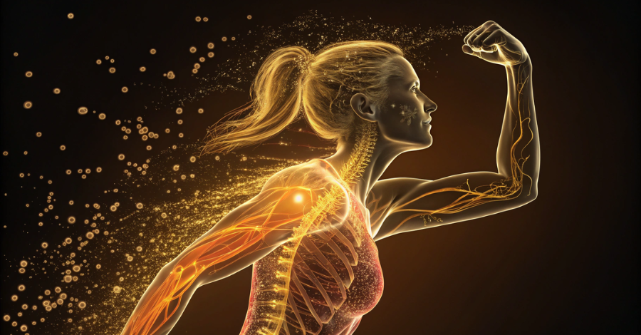 Ilustração do fortalecimento de um osso e um músculo, simbolizando os benefícios da creatina para a saúde óssea e muscular na menopausa.
