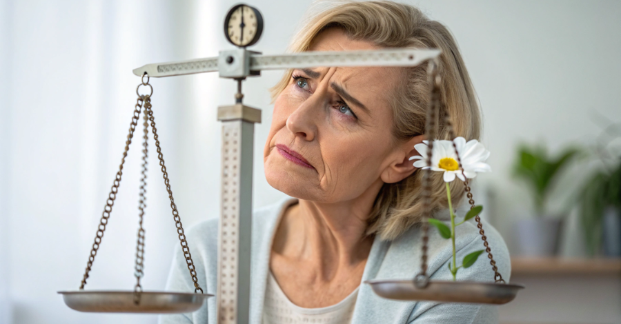 Mulher madura olhando para uma balança com expressão de frustração, simbolizando a luta para emagrecer na menopausa.