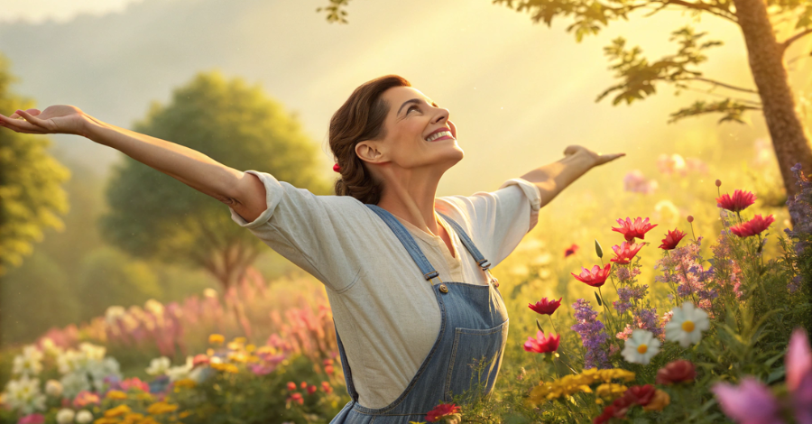 Mulher sorridente com os braços abertos em um jardim florido, simbolizando a energia, renovação e otimismo da fase folicular do ciclo menstrual.