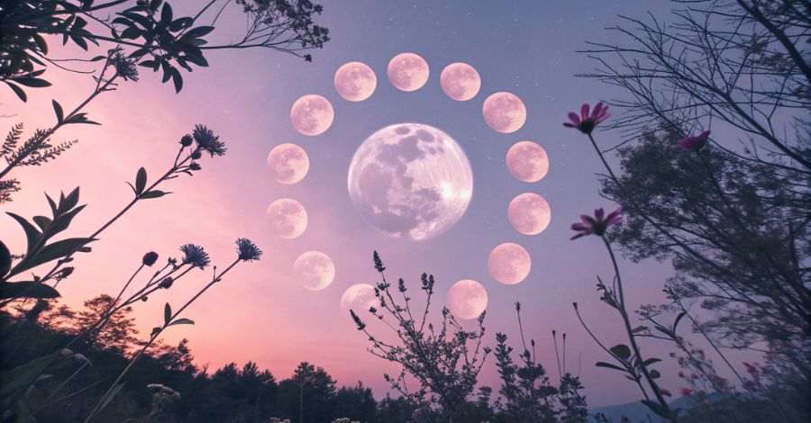 Uma representação artística da fase lútea usando as fases da lua, simbolizando a segunda metade do ciclo menstrual