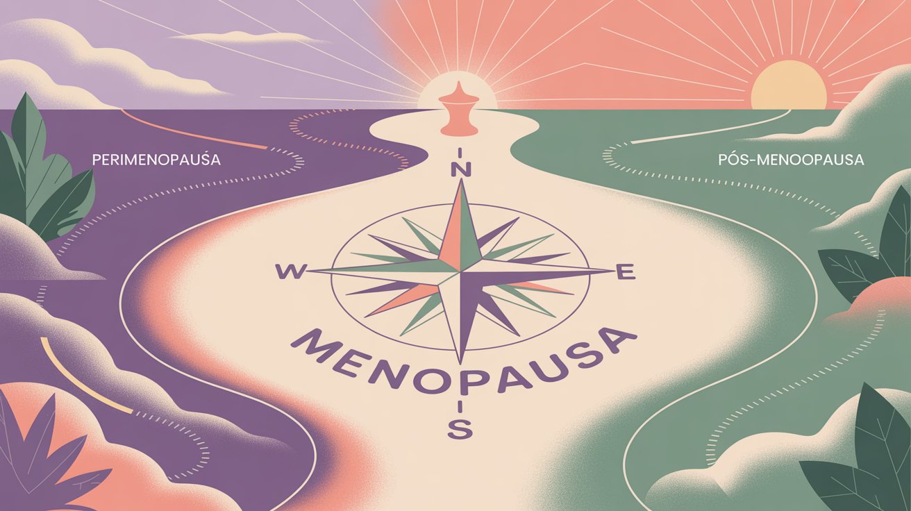 Ilustração de um mapa visual das fases da menopausa: perimenopausa, menopausa e pós-menopausa, representando a jornada feminina