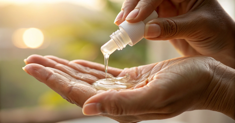 ão aplicando lubrificante na pele, simbolizando alívio e hidratação para o desconforto na menopausa.