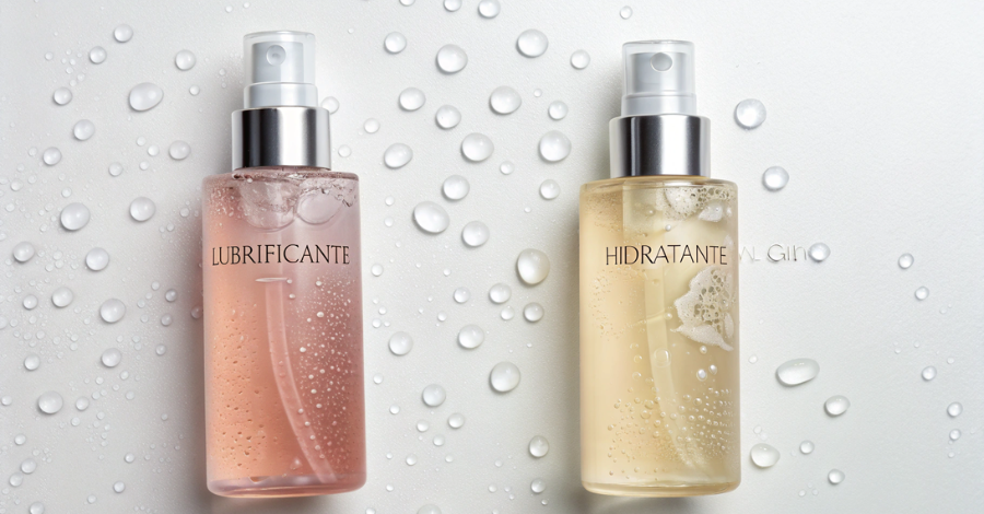 Duas garrafas, uma de lubrificante e outra de hidratante vaginal, para mostrar a diferença entre os produtos.