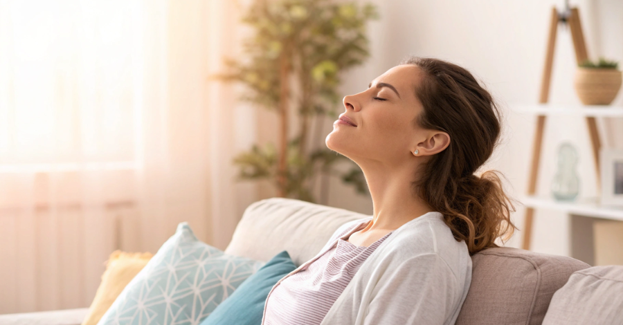 Mulher sentada calmamente em um sofá, com os olhos fechados, praticando meditação para lidar com a ansiedade da menopausa.