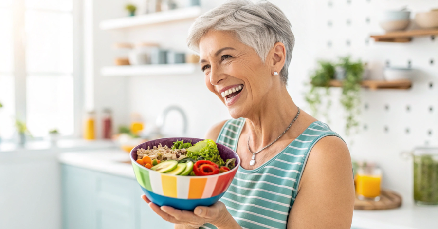 Mulher madura e feliz na cozinha segurando uma tigela de comida saudável, simbolizando o poder da nutrição na menopausa.