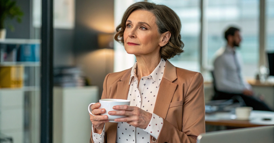 Mulher madura em um ambiente de trabalho, com uma expressão confiante e serena, simbolizando como lidar com a menopausa no ambiente profissional.