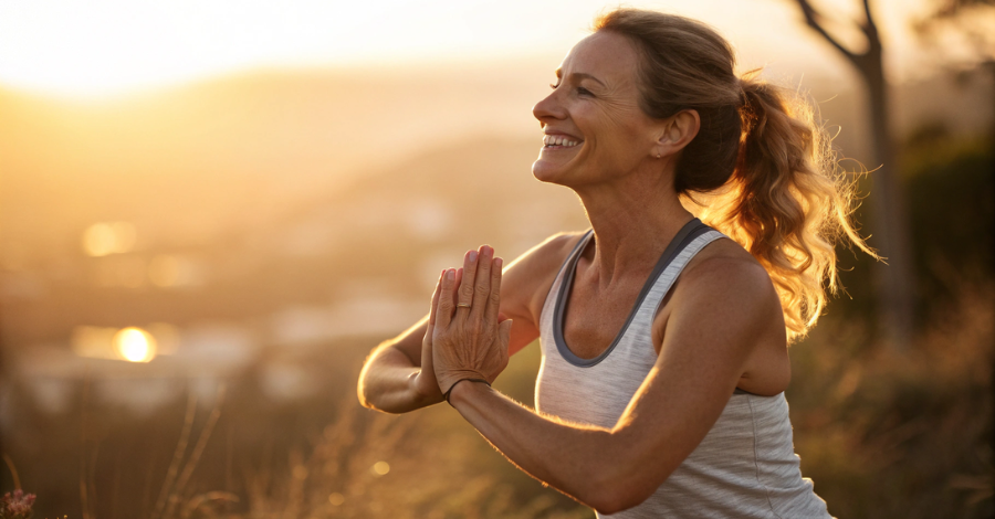Mulher praticando ioga ao amanhecer, simbolizando vitalidade e bem-estar na menopausa.
