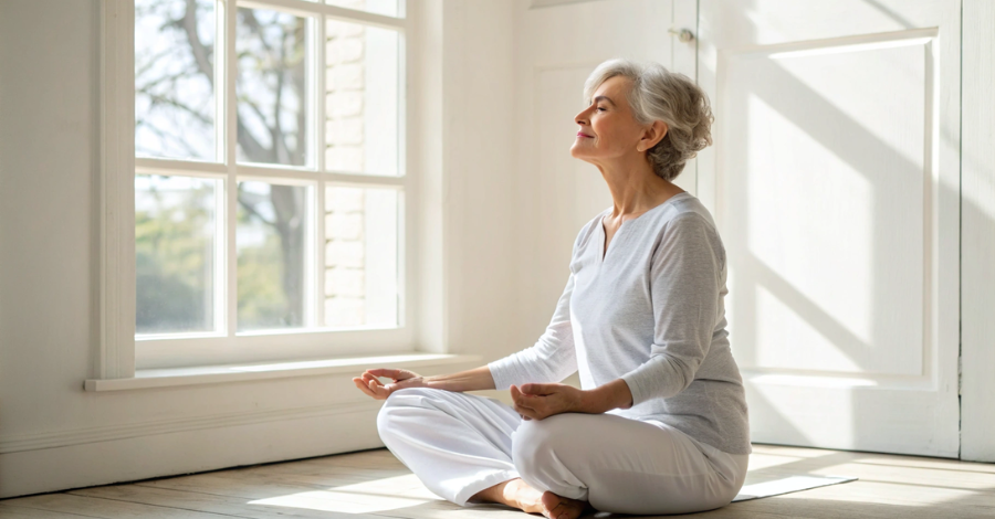 Mulher madura em posição de meditação, simbolizando o gerenciamento de estresse e o bem-estar mental na menopausa.