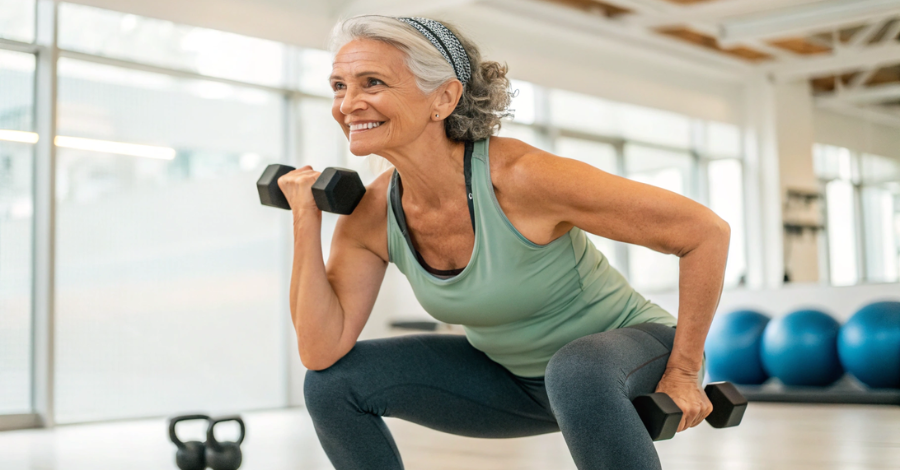 Mulher de 50 anos fazendo agachamento com pesos na academia, representando a importância da musculação para emagrecer na menopausa.