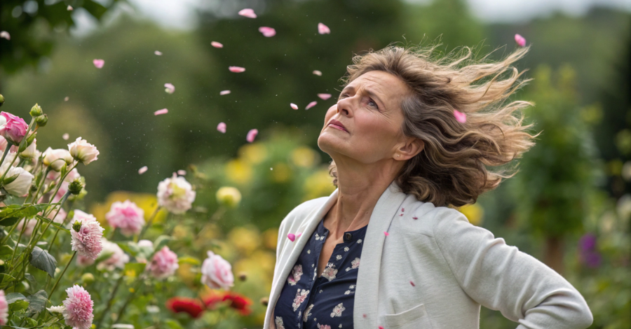 Mulher de 40 anos em um jardim ventoso, com uma expressão complexa, representando a fase de transição e flutuações da perimenopausa.
