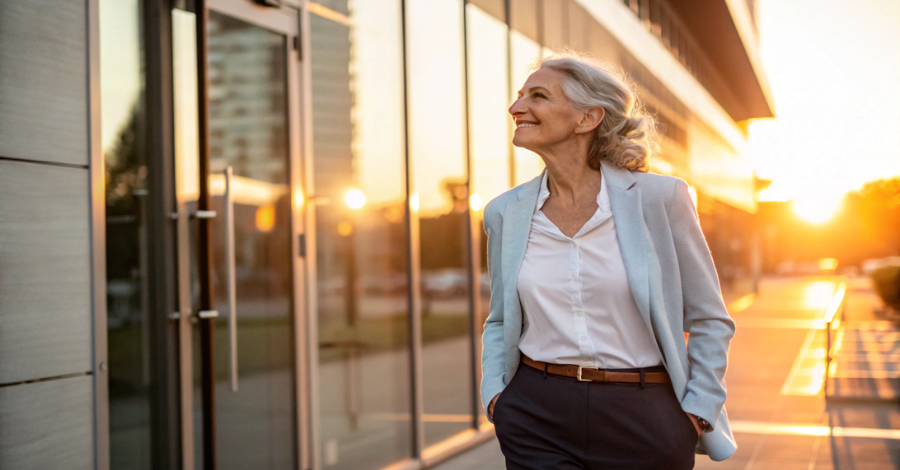 Mulher mais velha saindo do escritório, com uma expressão de paz e sabedoria, representando o sucesso e a resiliência na carreira durante a menopausa.
