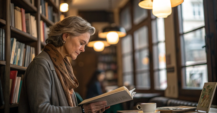 ulher mais velha lendo um livro em um café, representando a busca por conhecimento e sabedoria sobre a menopausa.