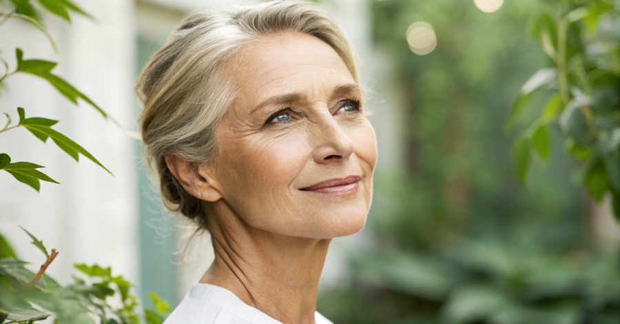 Mulher madura com uma expressão de paz e resiliência, representando a escolha de não fazer reposição hormonal.