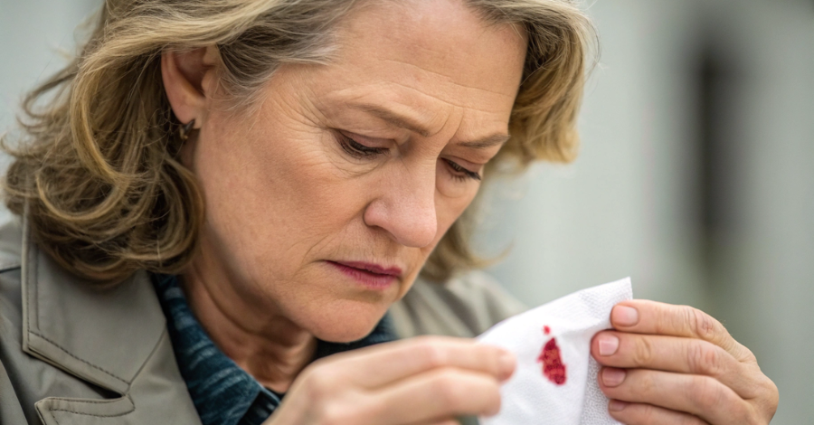 Mulher madura com uma expressão séria ao notar um sangramento vaginal, simbolizando a importância de não ignorar o sintoma pós-menopausa.