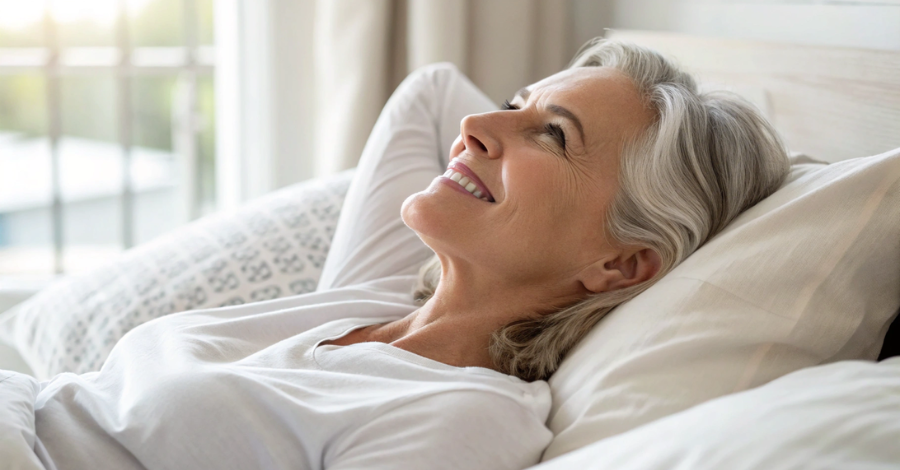 Mulher acordando com um sorriso, simbolizando o alívio dos sintomas da menopausa e noites de sono melhores.