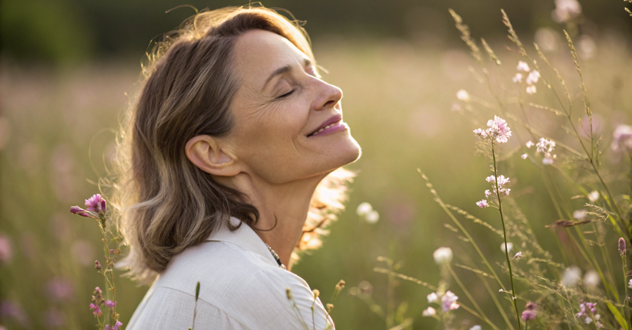 Mulher em ambiente tranquilo, com efeito de transição, simbolizando a perimenopausa como uma fase de mudança suave.