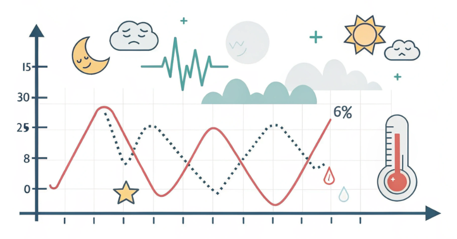 Gráfico abstrato com picos e ícones representando os sintomas da perimenopausa como ondas de calor e insônia.