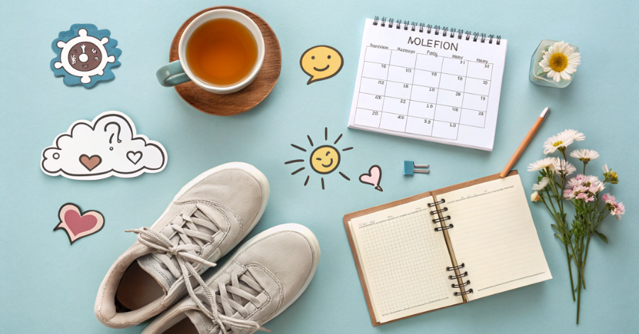 Composição de objetos como chá, calendário, sapatos e livro, simbolizando soluções e apoio para os sintomas da menopausa.